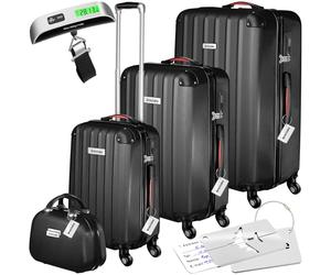 tectake® Set de Valises de Voyage, Coque Rigide en ABS, 3 Tailles M-L-XL + Vanity Case, roulettes Pivotantes à 360°, Serrure TSA, Poignée télescopique, Pèse-Bagage et étiquettes Inclus - Noir