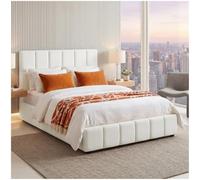 tectake® Set Lit double 140 x 200 cm, Cadre de Lit rembourré avec motif matelassé, Matelas en mousse 2 niveaux de fermeté, Sommier à lattes, Housse lavable en maille 3D, Max. 250kg - Tissu Teddy Crème