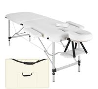tectake® Table de Massage à 2 Zones Pliante, 205x82 cm, Réglable en Hauteur | Structure en aluminium, Largeur 61 cm, Rembourrage 4 cm, Appui-tête ajustable et amovible, Sac de transport inclus, Blanc