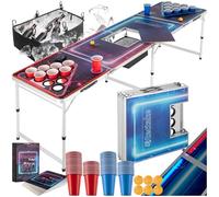 tectake® Table Pliable de Beer Pong Transportable en Aluminium, avec éclairage LED & Compartiment à Glace, Jeux à Boire, 6 Balles Ping Pong & 100 gobelet Plastique reutilisable Inclus, Jeu Apéro