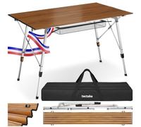 tectake® Table Pliante 90 x 52 x 47-70 cm, Réglable en Hauteur, Résistante aux intempéries, Table de Camping Pliable en Aluminium, Filet de Rangement, Sac de Transport, Max. 35kg - Aspect Bois