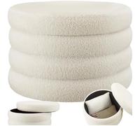 Tabouret - TECTAKE - Tabouret avec espace de rangement ALTU XL en bois MDF rond à l'aspect bouclé Ø 67 x 42 cm - Crème/Blanc