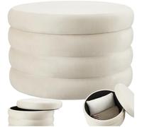 tectake® Tabouret Rond rembourré, Rangement intégré, Ø62 x 47 cm, Velours | Capacité de charge 150 kg, Embouts en plastique préservant les sols, Housse douce facile à laver, Structure MDF, Crème/Blanc