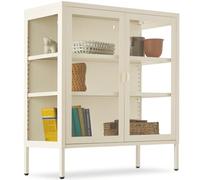 tectake® Vitrine métallique, 80 x 37 x 90.5 cm, 2 Portes, 3 Compartiments | Fermeture magnétique, 3 côtés vitrés, Étagères réglables en hauteur, Dispositif anti-basculement, En acier laqué, Crème