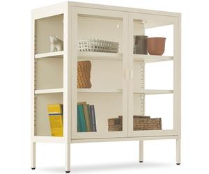 tectake® Vitrine métallique, 80 x 37 x 90.5 cm, 2 Portes, 3 Compartiments | Fermeture magnétique, 3 côtés vitrés, Étagères réglables en hauteur, Dispositif anti-basculement, En acier laqué, Crème