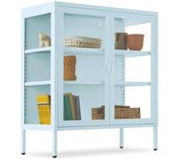 tectake® Vitrine métallique à 2 Portes, 80 x 37 x 90,5 cm, 3 Côtés vitrés | Fermeture magnétique, Étagères réglables, Pieds antidérapants, Acier thermolaqué, Verre 4 mm, Anti-basculement, gris/bleu
