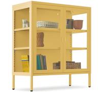 tectake® Vitrine métallique à 2 Portes, 80 x 37 x 90,5 cm, 3 Côtés vitrés | Fermeture magnétique, Étagères réglables, Pieds antidérapants, Acier thermolaqué, Anti-basculement, Verre 4 mm, jaune