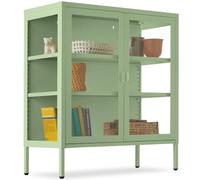 tectake® Vitrine métallique à 2 Portes, 80 x 37 x 90,5 cm, 3 Côtés vitrés | Fermeture magnétique, Étagères réglables, Pieds antidérapants, Acier thermolaqué, Verre 4 mm, Anti-basculement, vert sauge