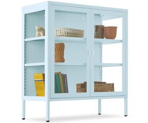 tectake® Vitrine métallique à 2 Portes, 80 x 37 x 90,5 cm, 3 Côtés vitrés | Fermeture magnétique, Étagères réglables, Pieds antidérapants, Acier thermolaqué, Verre 4 mm, Anti-basculement, gris/bleu