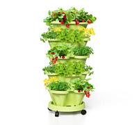 Tectsia Jardinière empilable pour Fraises, Tour de Jardin Verticale, 5 Niveaux empilables avec roulettes Mobiles et Soucoupe inférieure, intérieur et extérieur, Vert