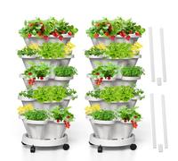 Tectsia Jardinière verticale pour fraises, tour de jardin empilable à 5 niveaux, jardinières empilables pour herbes et légumes avec poteau de support pour intérieur et extérieur - Blanc