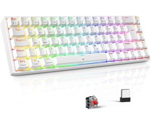 TECURS TKL Clavier de Jeu Mécanique Allemagne Rechargeable + Multi-Device+Éclairage RGB Ajustable Anti-Ghosting 68 Touches Bluetooth/2.4G/Type-C Commutateur QWERTZ Rouge pour Windows/Mac Blanc
