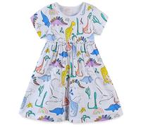 TEDD Robe Fille Licorne et Fleurs sans Manches Courtes en Coton d'été A-Ligne de Fête Robes pour Enfants 3-4 Ans, Dinosaure