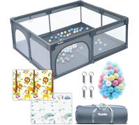 Teddle Parc Bebe - Tapis de Jeu Double Face Inclus - Modulable avec 50x Balles de Jeu - 180 x 150 cm - Parc Bebe Pliable Pour l'Intérieur et l'Extérieur - (Beige, 180x150cm)