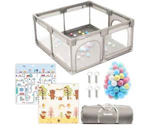 Teddle Parc Bebe - Tapis de Jeu Double Face Inclus - Modulable avec 50x Balles de Jeu - 180 x 150 cm - Parc Bebe Pliable Pour l'Intérieur et l'Extérieur - (Beige, 120x120cm)