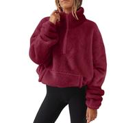 Teddy Pull en peluche pour femme Automne et Hiver Pull moelleux doux à manches longues avec demi-fermeture Éclair, Vin, S