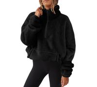 Teddy Pull en peluche pour femme Automne et Hiver Pull moelleux doux à manches longues avec demi-fermeture Éclair, Noir , M