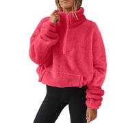 Teddy Pull en peluche pour femme Automne et Hiver Pull moelleux doux à manches longues avec demi-fermeture Éclair, Rose intense, L