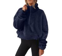 Teddy Pull en peluche pour femme Automne et Hiver Pull moelleux doux à manches longues avec demi-fermeture Éclair, bleu marine, S