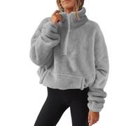 Teddy Pull en peluche pour femme Automne et Hiver Pull moelleux doux à manches longues avec demi-fermeture Éclair, gris, XXL