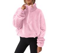 Teddy Pull en peluche pour femme Automne et Hiver Pull moelleux doux à manches longues avec demi-fermeture Éclair, Rosé, XXL