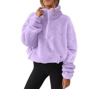 Teddy Pull en peluche pour femme Automne et Hiver Pull moelleux doux à manches longues avec demi-fermeture Éclair, violet, XXL