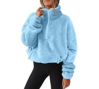 Teddy Pull en peluche pour femme Automne et Hiver Pull moelleux doux à manches longues avec demi-fermeture Éclair, bleu ciel, L