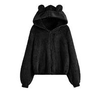 Teddy Veste polaire pour femme avec oreilles queue chaude et moelleuse avec capuche Coupe-vent Veste d'hiver Sport Cartoon Outwear Manteau Adolescent Fille Sweat à capuche Veste en peluche, Noir , M