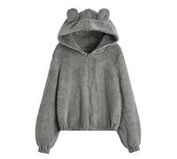 Teddy Veste polaire pour femme avec oreilles queue chaude et moelleuse avec capuche Coupe-vent Veste d'hiver Sport Cartoon Outwear Manteau Adolescent Fille Sweat à capuche Veste en peluche, gris, XXL