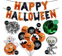 TEDORU Kit de décoration XXL pour Halloween - « Happy Halloween » - Ballons + 2 ballons XXL + 30 ballons avec motifs + 20 décorations de table + toile d'araignée lumineuse