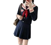 TEDPRBGE Costume d'uniforme de marin japonais avec jupe plissée, chemise à manches longues, nœud papillon, costume d'école (bleu marine, taille S)