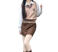 TEDPRBGE Costume d'uniforme scolaire de style coréen - Costume d'uniforme scolaire JK - Costume moulant avec jupe crayon, gilet et chemise blanche pour femme (kaki, taille L)