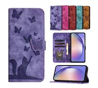 TEDTIKJT Coque Compatible avec Samsung Galaxy A14 4G/5G Étui en Cuir PU Flip Portefeuille Fente pour Carte Magnétique Étui de Protection Motif Chat Papillon, Violette