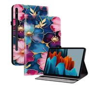 TEDTIKJT Coque pour Samsung Galaxy Tab S8+/Tab S7+ 12.4" étuis Housse T970 T976B X800 X806 Tablette PU Cuir Flip Support Protection Motif Peint pour Samsung Tab S7 Plus Coque,Fleurs Bleues et Dorées