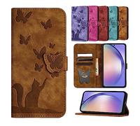TEDTIKJT Coque Samsung Galaxy A14 4G/5G Étui en Cuir PU Flip Portefeuille Fente pour Carte Magnétique Étui de Protection pour Samsung Galaxy A14 4G/5G Motif Chat Papillon, Brun