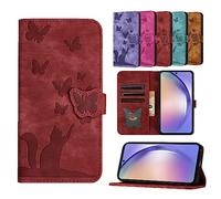 TEDTIKJT Coque Samsung Galaxy A14 4G/5G Étui en Cuir PU Flip Portefeuille Fente pour Carte Magnétique Étui de Protection pour Samsung Galaxy A14 4G/5G Motif Chat Papillon, Rouge