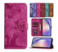 TEDTIKJT Coque Samsung Galaxy A34 5G Étui en Cuir PU Flip Portefeuille Fente pour Carte Magnétique Étui de Protection pour Samsung Galaxy A34 5G Motif Chat Papillon, Rose Rouge