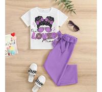 Tee-shirt à manches courtes pour enfants avec imprimé cool de dessin animé et de lettre, col rond, pour une tenue élégante et féminine décontractée avec un pantalon long 6Y,7Y,8Y,4Y,5YCartoon,Portrait