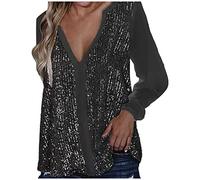 Tee Shirt A Paillette Femme Col V- Top Sexy Femme Manches Longues-Tunique Chic Et éLéGant Classique DéContractéS Hauts Basic Comfort Mode Pullover Chemises SoiréE Fête éPissage Blouse