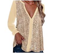 Tee Shirt A Paillette Femme Col V- Top Sexy Femme Manches Longues-Tunique Chic Et éLéGant Classique DéContractéS Hauts Basic Comfort Mode Pullover Chemises SoiréE Fête éPissage Blouse