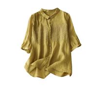 Tee Shirt avec Boutonné Col à Revers Fleurs Brodée Femme Chemisier Coton Lin Chic et Élégant Hauts Baggy Cardigan à Boutons T-Shirt Léger Couleur Unie Décontractés Blouse de Travail Confortables