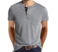 Tee Shirt avec Poche Poitrine Homme en Cotton Henley T-Shirt Col Rond avec Manches Courtes Col Tunisien et Boutons pour Homme 2024 (4,XL,XL)