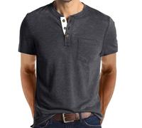 Tee Shirt avec Poche Poitrine Homme en Cotton Henley T-Shirt Col Rond avec Manches Courtes Col Tunisien et Boutons pour Homme 2024 (5,3XL,3XL)