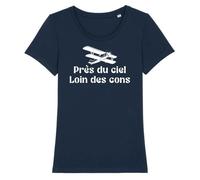 Tee Shirt Avion LA FRENCH TOUCH - Près du ciel, loin des cons - Femme - Coton 100% bio - Marine/Blanc XL