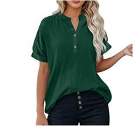 Tee Shirt Blanc Femme Coton et Lin Chemisier Femme Chic et Élégant Manches Courtes T-Shirt Col V Grande Taille Haut avec Boutons Mode Décontractée Tops pour Sortir Vacances Quotidiennes