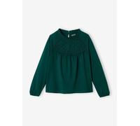 Tee-shirt blouse fille détail broderie anglaise manches longues vert foncé 3A