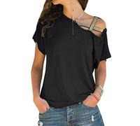 Tee Shirt Col V Femme Epaule Dénudée T Shirt Epaule Nu Uni Femmes Manche Courte Oversize Basic Haut Ample Top Ete Simple Large Basique Été Fluide Loose Tunique Grande Taille Tops Casual Noir S