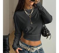 Tee-shirt court à manches longues plissé, blanc, ample, style minimaliste Y2K, basique, pour un port quotidien décontracté, retour à l'école, streetwear, stretch, pour femmes L,M,S,XL,XS,XXSTissu tric