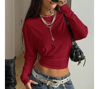 Tee-shirt court à manches longues plissé, blanc, ample, style minimaliste Y2K, basique, pour un port quotidien décontracté, retour à l'école, streetwear, stretch, pour femmes L,M,S,XL,XSTissu tricoté