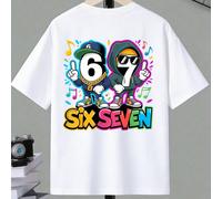 Tee-shirt court de base confortable avec imprimé graphique numérique 67, symbole musical, lettres colorées et slogan, style créatif et minimaliste chic. Convient pour le printemps, l'été et l'automne,